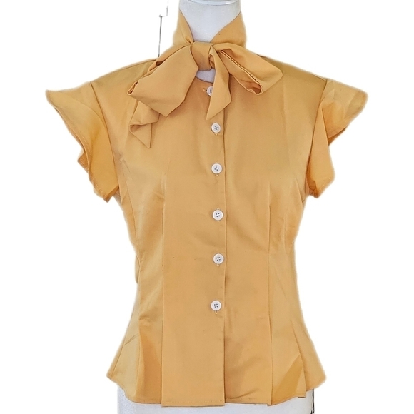 NWT Retro Stage Yellow Flutter Sleeve Princess Seam Button Down Bow Blou… - Picture 1 of 12